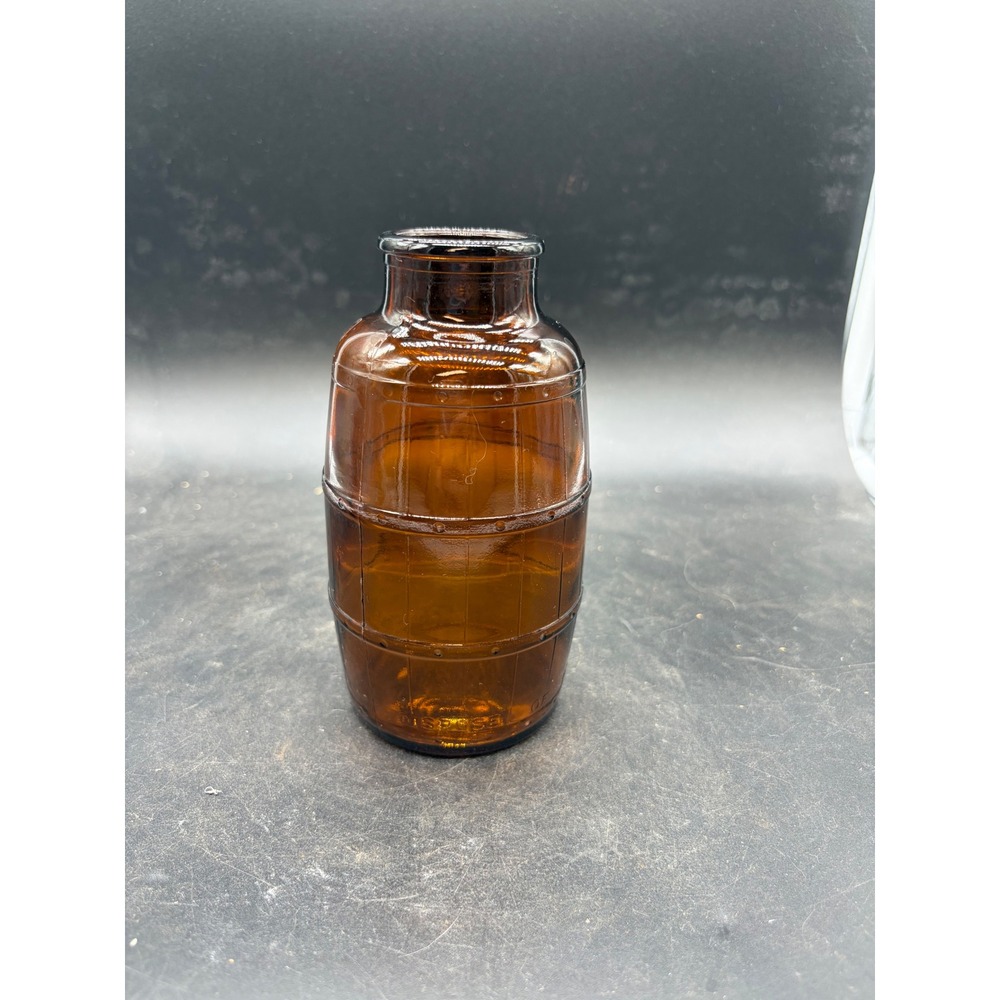 Vintage Amber Glass Barrel Bottle Brown Apothecary Jar Pat Pend 5.25 Inch